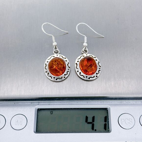 Vintage Sterling Silver 925 Cut Out Amber Cabochon Dangle Earrings - Picture 5 of 5